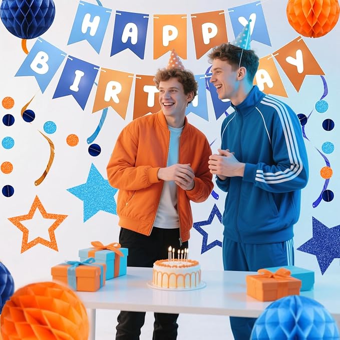 Pre-Strung Happy Birthday Decorations for Boys Men Women, Orange Blue Birthday Banner with Honeycomb Balls, Stars Hanging Swirl Streamers, Circle Dots Garland