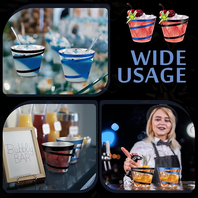 Gejoy 9 oz Rimmed Swirl Plastic Cups Disposable Wine Drinking Cups Clear Elegant Halloween Tumblers for Christmas Party Supplies(Black, Blue,100 Pcs)