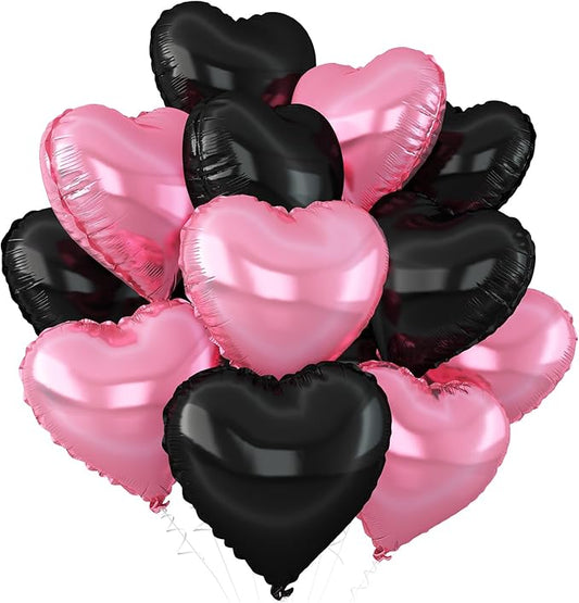 Pink Black Heart Balloons,12Pcs Light Pink Heart Shaped Foil Balloons,18Inch Black Pearl Pink Helium Balloon for Baby Shower Birthday Anniversary Wedding Party Decorations