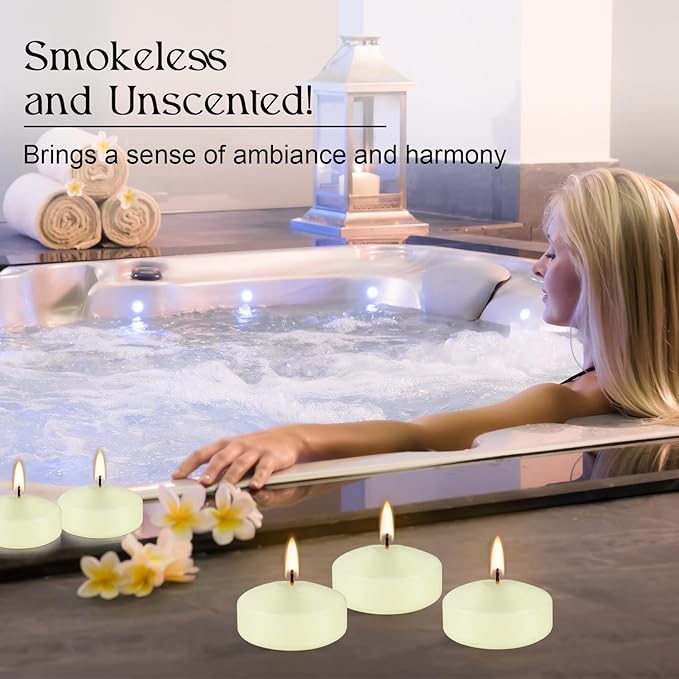 12 Pcs 2 - inch Floating Candles, Ivory, Smokeless and Unscented, Burns Continuously for 5-6 Hours, Be Good for Holidays, Weddings, Vacations, and Home Décor.