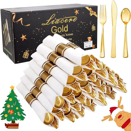 Liacere 100Pack Pre Rolled Gold Silverware and Napkin-Disposable Gold Plastic Utensils-Wrapped Plastic Cutlery Set with Napkin:100 Forks,100 Knives,100 Spoons,100 Napkins for Christmas＆New Year