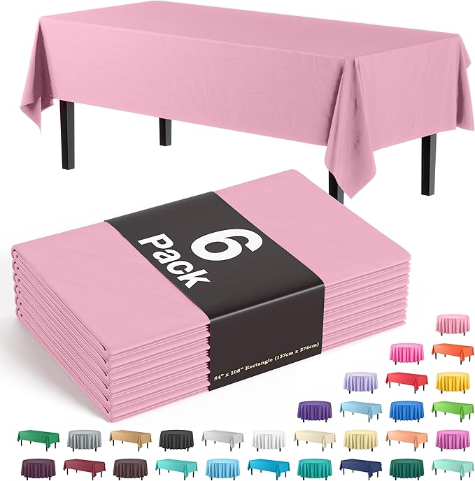 Party Solids 6-Pack Premium Plastic Tablecloth 54in. x 108in. Rectangle Plastic Table Cover - Pink