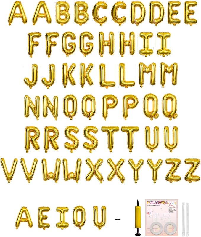 58 PCS Letter Balloons Alphabet Letters 2 Sets A- Z & 1 Sets AEIOU 16 - Inch Mylar Foil Balloons Set for Wedding/Birthdays/Annivs/Grads party Decoration Banner Custom Phrase (Gold)