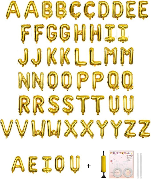 58 PCS Letter Balloons Alphabet Letters 2 Sets A- Z & 1 Sets AEIOU 16 - Inch Mylar Foil Balloons Set for Wedding/Birthdays/Annivs/Grads party Decoration Banner Custom Phrase (Gold)