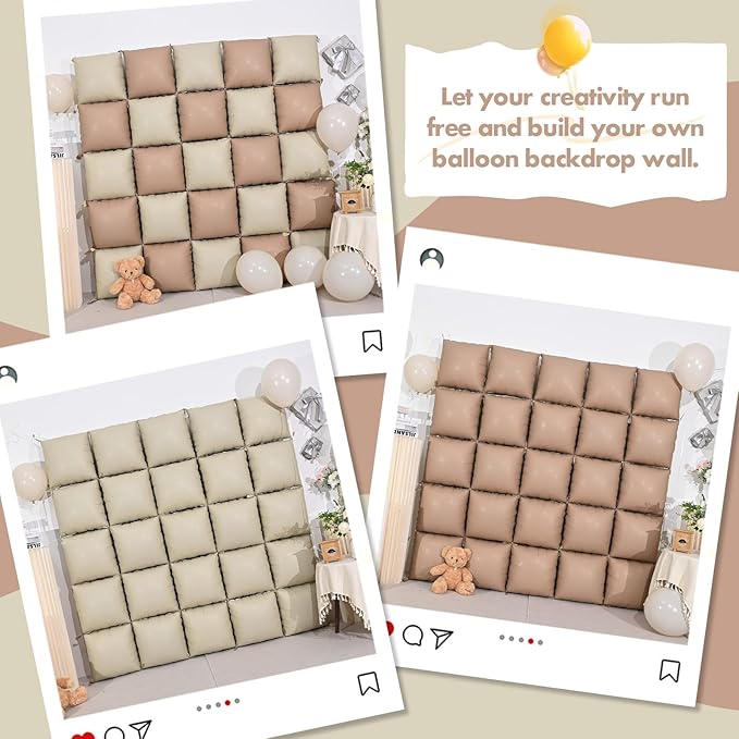 Cream Square Foil Balloon Wall, 25 PCS Double Sided Khaki Apricot Balloons Matte Beige Nude Balloon Backdrop for Baby Shower Decoration Wedding Boho Birthday Party Decoration