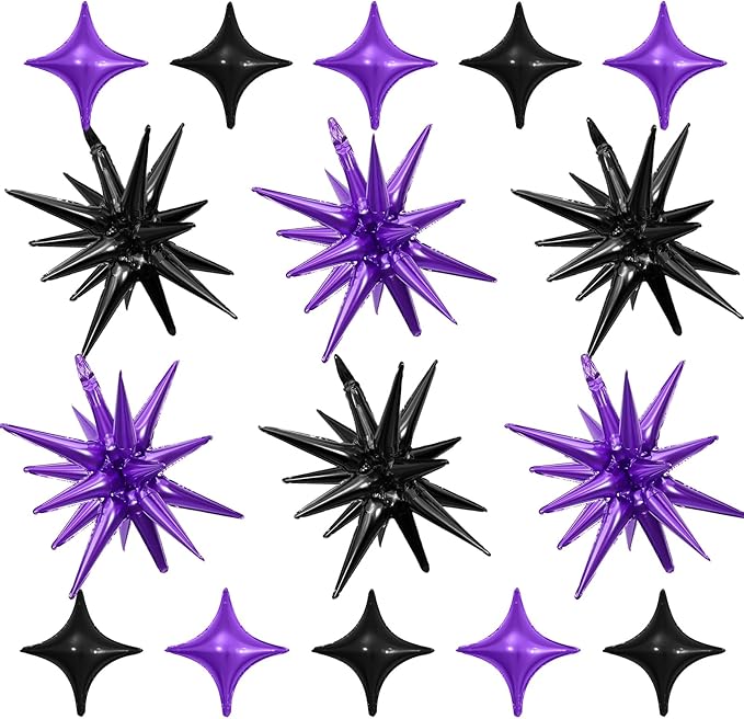 Black Purple Star Balloon,6Pcs 22Inch Explosion Star Balloons and 10Pcs 10Inch Four Angle Balloons Kit for Halloween Birthday Anniversary Graduation Baby Shower Wedding Party Decorations