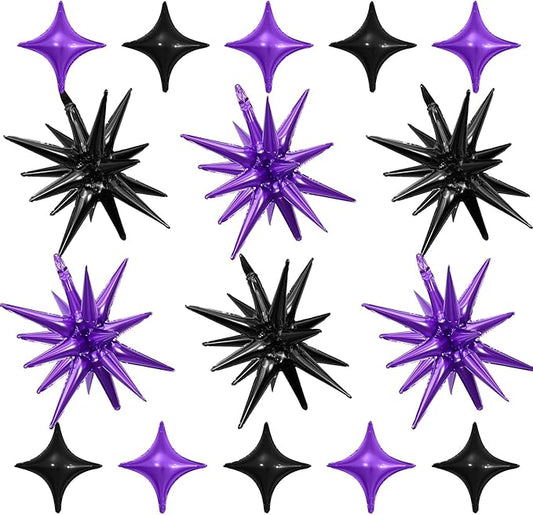 Black Purple Star Balloon,6Pcs 22Inch Explosion Star Balloons and 10Pcs 10Inch Four Angle Balloons Kit for Halloween Birthday Anniversary Graduation Baby Shower Wedding Party Decorations