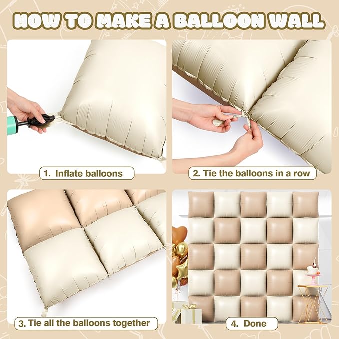 NISOCY 25PCS Coffee White Square Foil Balloons Wall Backdrop Double Sided Coffee Sand White Balloons Arch Kit for Birthday Bridal Baby Shower Gender Reveal Wedding Thanksgiving Party Decorations