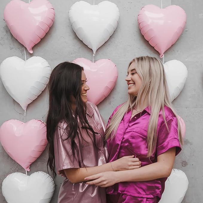 Pink White Heart Balloons, 18 Inch Pink and Cream White Heart Shape Balloons, 12PCS White Sand Helium Foil Balloon for Birthday Baby Shower Bridal Engagement Wedding Party Decorations
