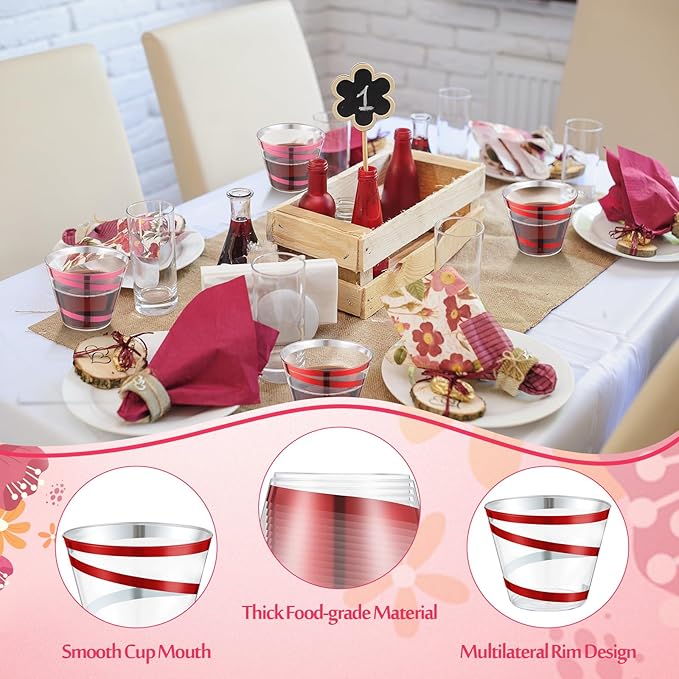 Gejoy 9 oz Rimmed Swirl Plastic Cups Disposable Wine Drinking Cups Clear Elegant Halloween Tumblers for Christmas Party Supplies(Red, Pink,100 Pcs)