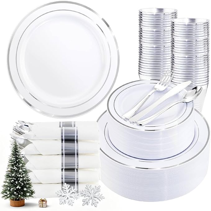 350Piece Silver Plastic Dinnerware Set for 50 Guests - Silver Plastic Plates with Cutlery Include:50Dinner Plates-50Dessert Plates-50Pre Rolled Napkins with Silverware for Christmas