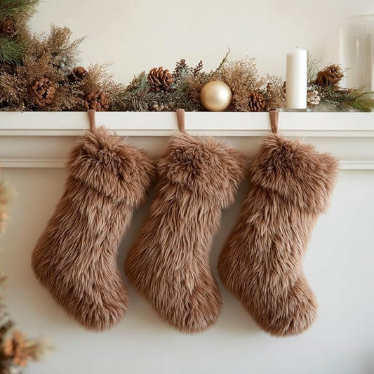 AISENO 3 Pack 18 Inch Brown Christmas Stockings Faux Fur Personalized Hanging Ornaments Candy Gift Bags for Christmas Decorations