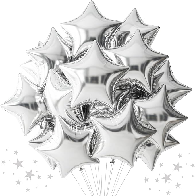 TONIFUL 30Pcs 18 Inch Large Silver Star Shape Foil Balloons Big Silver Stars Helium Mylar Ballons for Birthday Wedding Baby Shower Anniversary Engagement Party Decorations Supplies