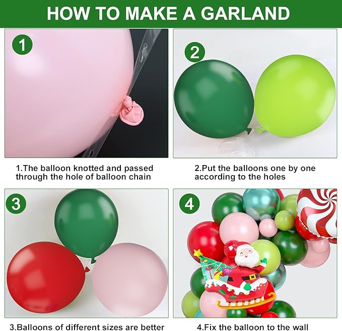 Christmas Balloon Arch Kit, Red Pink Green Christmas Balloon Garland Kit for Xmas Party Decorations, Xmas Balloon Arch Garland with Elk, Santa Claus, Windmill Foil Balloons
