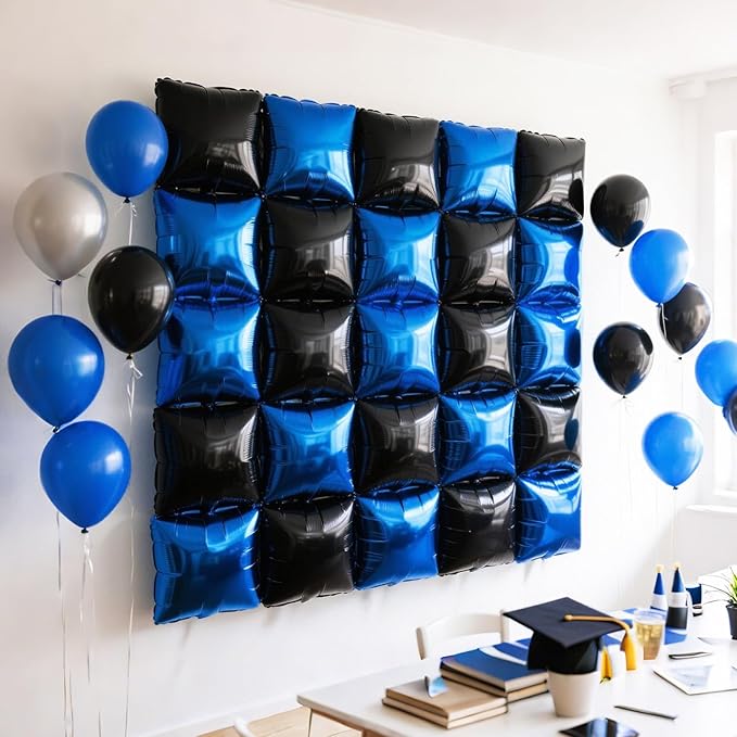 NISOCY 25PCS Black and Blue Square Foil Balloons Wall Backdrop Double Sided Black and Dark Blue Balloons Arch Kit for Birthday Graduation Retirement Anniversary Baby Shower Party Decorations