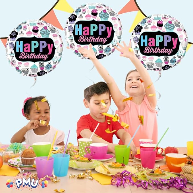 PMU Happy Birthday Cupcakes Emblem 18 Inch Mylar-Foil Balloon Pkg/5
