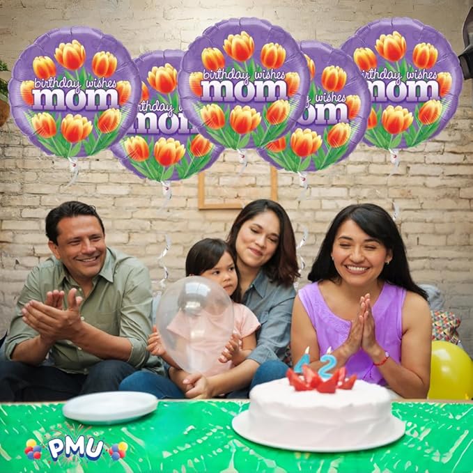 PMU Birthday Wishes Mom Tulips 18 Inch Mylar-Foil Balloon Pkg/5