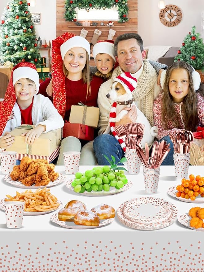 141 Pieces Rose Gold Party Supplies, Disposable Party Decorations Sets Include Paper Plates Napkins Cups, Plastic Forks Knives Spoons, for Baby Shower Birthday Wedding -20 Guests