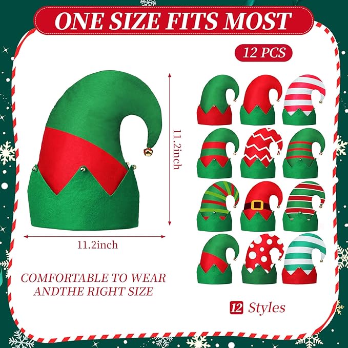 12 Pcs Christmas Elf Hat Colorful Funny Hats with Bell Holiday Party Accessories for Adults Santa Headdress for Party(Classic2)
