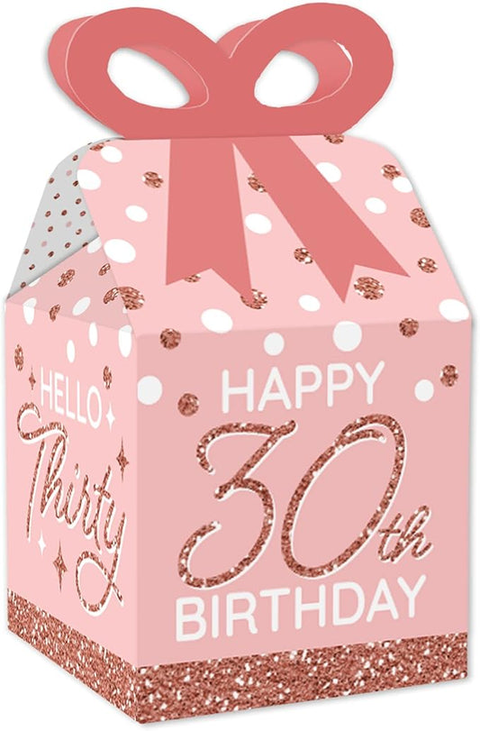 Big Dot of Happiness 30th Pink Rose Gold Birthday - Square Favor Gift Boxes - Happy Birthday Party Bow Boxes - Set of 12