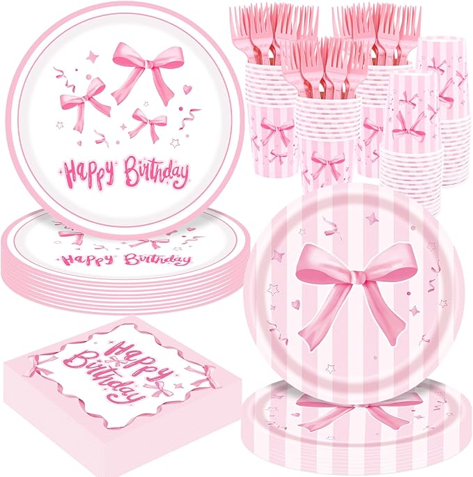 REDWORD Pink Bow Birthday Decorations, 120Pcs Bow Party Tableware Plates Napkins Cups for Pink Birthday Girls Bachelorette Party Decorations-Serves 24