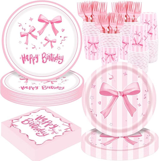 REDWORD Pink Bow Birthday Decorations, 120Pcs Bow Party Tableware Plates Napkins Cups for Pink Birthday Girls Bachelorette Party Decorations-Serves 24