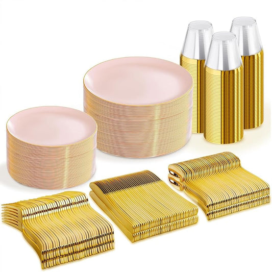 WDF 300Pcs Pink Plates Disposable - Pink and Gold Plastic Dinnerware Set for 50 Guests Include 50 Dinner & Cake Plates, 50 Disposable Cutlery, 50 9oz Cups for Wedding & Party & Baby Shower