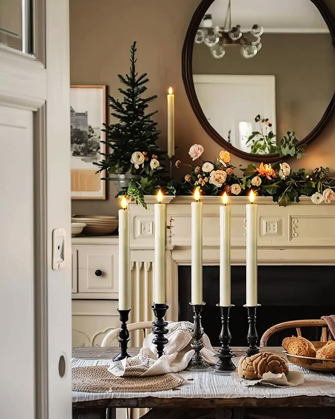 Homemory 12 Pcs Plastic Flameless Taper Candles with Remote Timer Dimmer, Ivory Led Candlesticks with Flickering Flame Light, Lifelike Taper Candles Battery Operated for Indoor Decoration 9.6 Inches