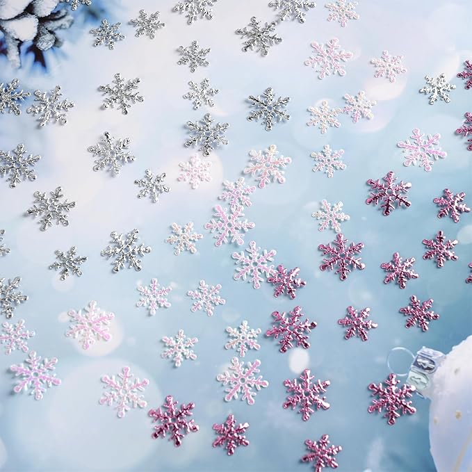 Christmas Snowflake Confetti Decorations,1200Pcs Pink White Silver Confetti Snow Party Pack for Christmas Winter Wonderland Table Centerpieces Wedding Birthday Baby Shower DIY Projects Decorations