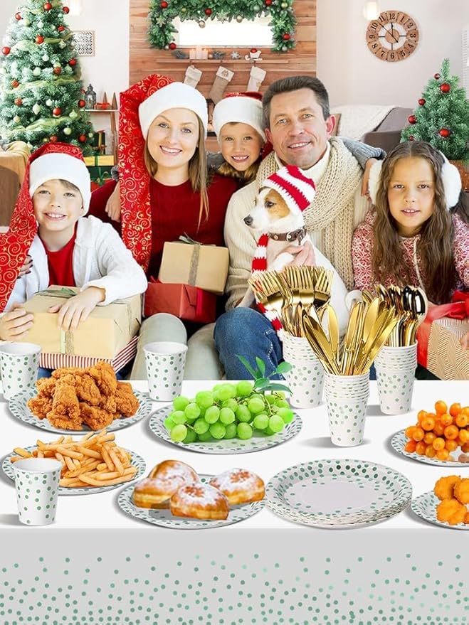 141 Pieces Green Dots Party Supplies, Disposable Party Decorations Sets Include Paper Plates Napkins Cups, Plastic Forks Knives Spoons, for Baby Shower Birthday Wedding -20 Guests