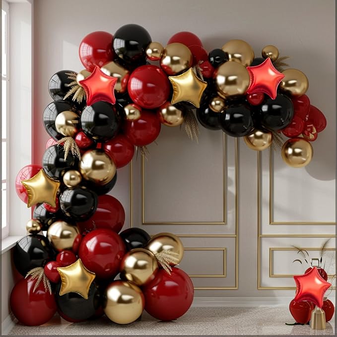Red Gold Black Balloon Garland Arch Kit, 160Pcs Black Red Gold Latex Balloons with Star Foil Balloons for Anniversary Casino Night Hollywood New Years Movie Night Birthday Party Decorations