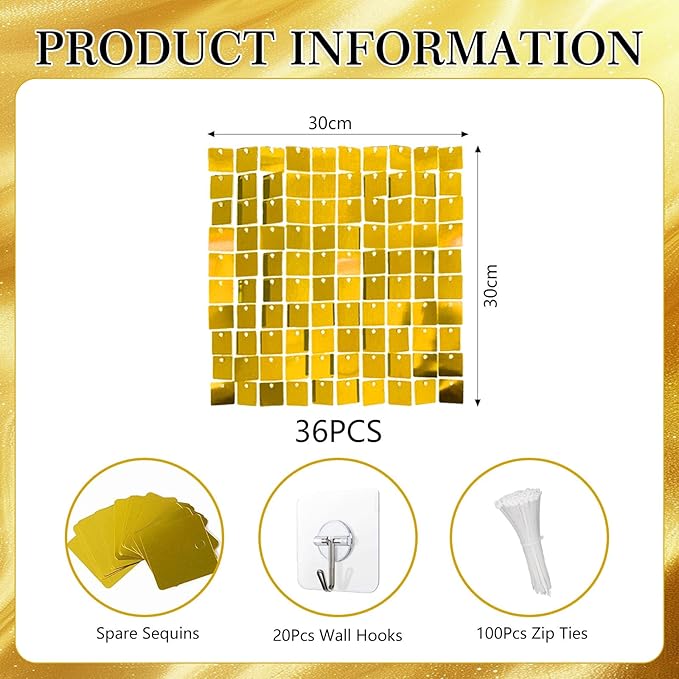 36 PCS Gold Shimmer Wall Backdrop, Square Sequin Photo Backdrops Panel, Glitter Wall Background for Birthdays, Weddings, Christmas, Engagements, Disco New Years Party Decoration (6FTx6FT)