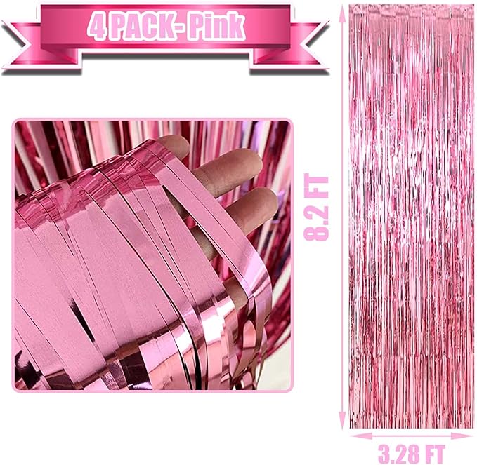 4 Pack Pink Foil Fringe Curtain Backdrop, 3.28Ft x 8.2Ft Metallic Tinsel Foil Fringe Streamer Curtains for Photo Booth Props, Birthday, Wedding, Valentine's Day Decoration Party Supplies