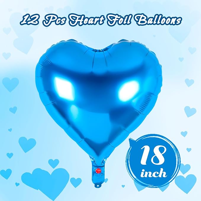 12 Pcs Heart Balloons,18 Inch Blue Heart Foil Balloons Love Balloon Valentine Balloon for Birthday Party Wedding Engagement Party Baby Shower Valentine Day Decorations (blue)