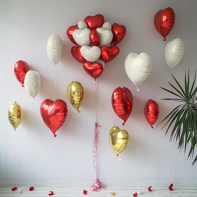 Red Gold Heart Balloons, 19PCS Red White Champagne Gold Heart Shape Balloon, 18Inch with 10Inch Cream Helium Foil Love Balloon for Birthday Baby Shower Wedding Valentines Decorations