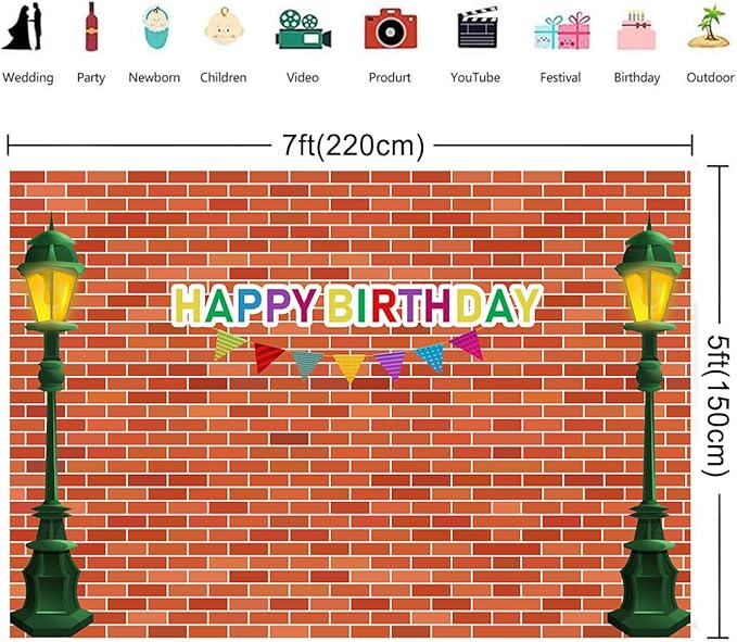 7x5ft Red Brick Wall Street Backdrop Cartoon Photography Backdrops Happy Birthday Party Background Party Decors Decorations Baby Shower Table Banner Background