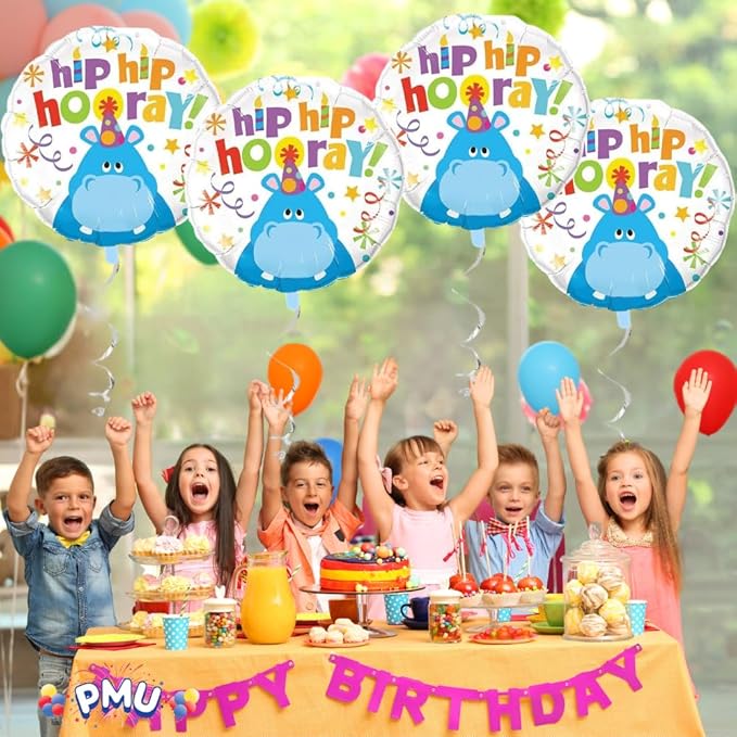 PMU Happy Birthday Hip Hip Hooray Hippo 18 Inch Mylar Foil Balloon Pkg/5