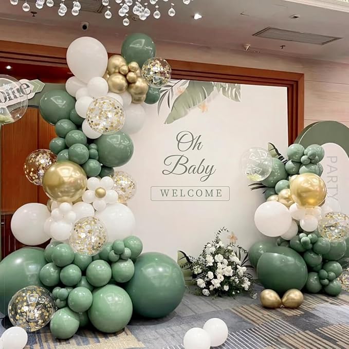 155Pcs Sage Green White Gold Balloon Garland Arch Kit with Gold Confetti Balloons for Graduation Baby Shower Decor Happy Birthday Party Wedding Jungle Decorations