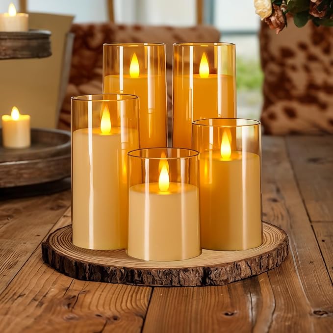 Homemory Realistic Flickering Flameless Candles, Battery Operated Candles with Remote Control and Timer, LED Fake Electric Candle for Home, Christmas Decoration, Gold, Set of 5