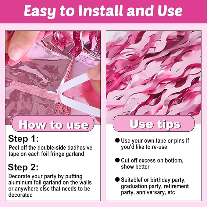 6 Pack 10 Feet Pink Wave Foil Fringe Garland Metallic Tinsel Streamers Banner Wall Hanging Curtain Backdrop for Parade Floats, Mother's Day, Easter, Wedding, Birthday Party Decoration