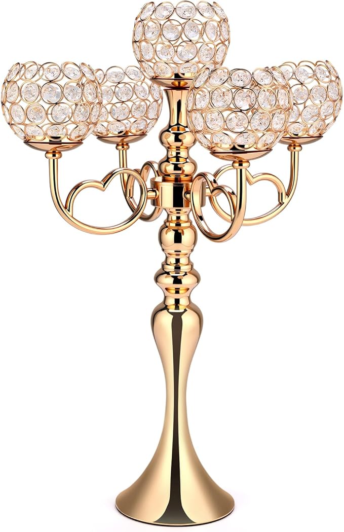 Nuenen 1 Pack 5 Arm Crystal Candelabra Centerpieces 21.5 Inch Tall Candle Holder Bowl Elegant Centerpieces for Table for Home Wedding Anniversary Dinner Party Table Decoration (Gold)