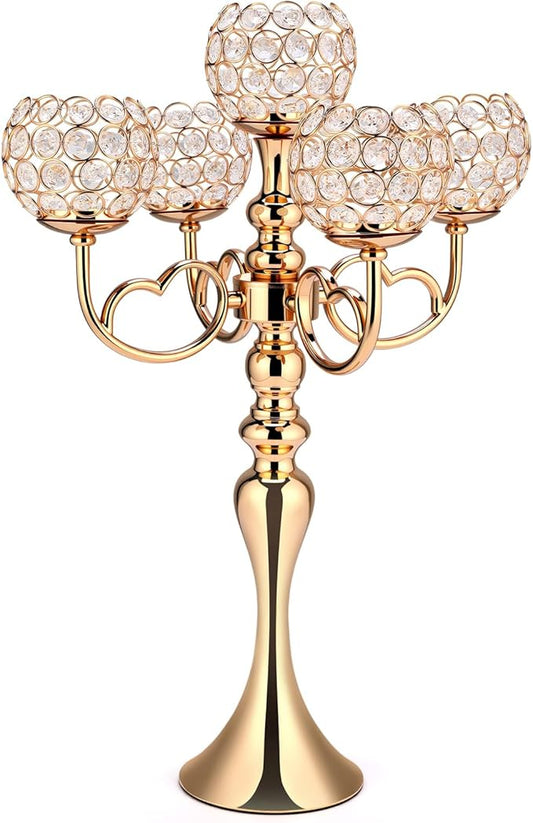 Nuenen 1 Pack 5 Arm Crystal Candelabra Centerpieces 21.5 Inch Tall Candle Holder Bowl Elegant Centerpieces for Table for Home Wedding Anniversary Dinner Party Table Decoration (Gold)