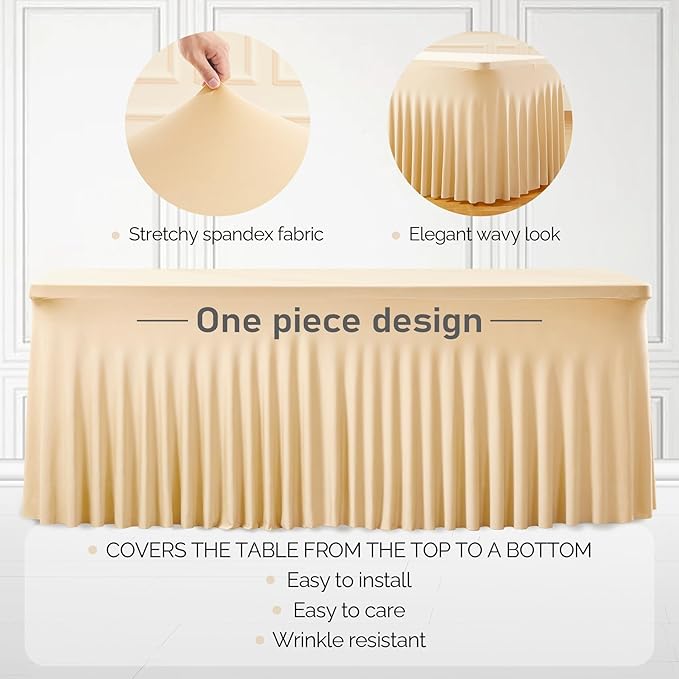 1 Pack Dark Champagne Table Clothes for 4 Foot Rectangle Tables, One-Piece Wrinkle Resistant Stretch Spandex Table Covers with Skirt for Event Banquet Wedding Birthday Party