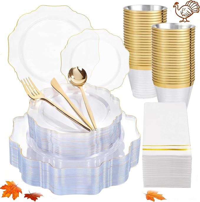 WDF 350Pcs Clear and Gold Plastic Plates - Heavy Duty Clear Plates Disposable - Gold Dinnerware Sets of 100 Plastic Plate 150Silverware 50 Cups 50 Napkins for Wedding/Party/Thanksgiving