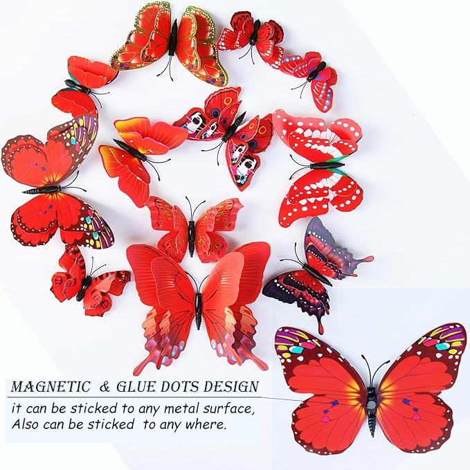 Butterfly Wall Decor 24/48 PCS, 3D Butterflies Stickers for Party Decorations with Magnets (Red, 24)