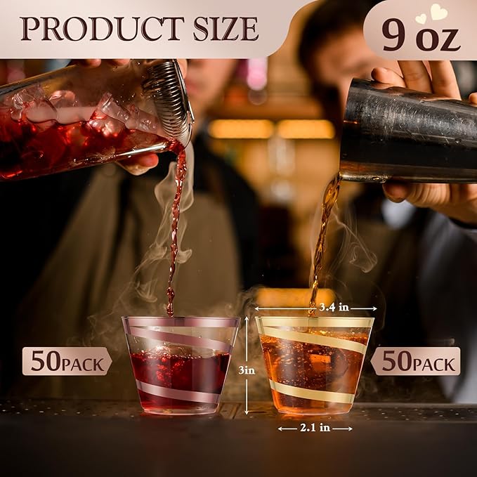 Gejoy 9 oz Rimmed Swirl Plastic Cups Disposable Wine Drinking Cups Clear Elegant Halloween Tumblers for Christmas Party Supplies(Gold, Rose Gold,100 Pcs)