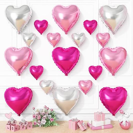 Hot Pink Silver Heart Balloons, 19PCS Light Pink Heart Shape Balloon, 18Inch with 10Inch Silver Pink Helium Foil Love Balloon for Birthday Bridal Shower Wedding Valentine Decorations