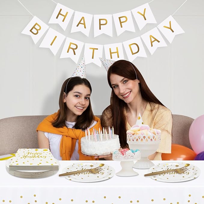 Serves 35 Guests Happy Birthday Paper Plates Party Supplies,7 Inch White and Gold Happy Birthday Disposable Paper Plates Napkins Forks Tablecloths Banner for Party Decorations