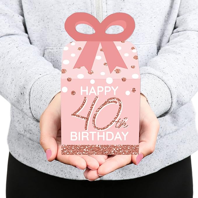 Big Dot of Happiness 40th Pink Rose Gold Birthday - Square Favor Gift Boxes - Happy Birthday Party Bow Boxes - Set of 12
