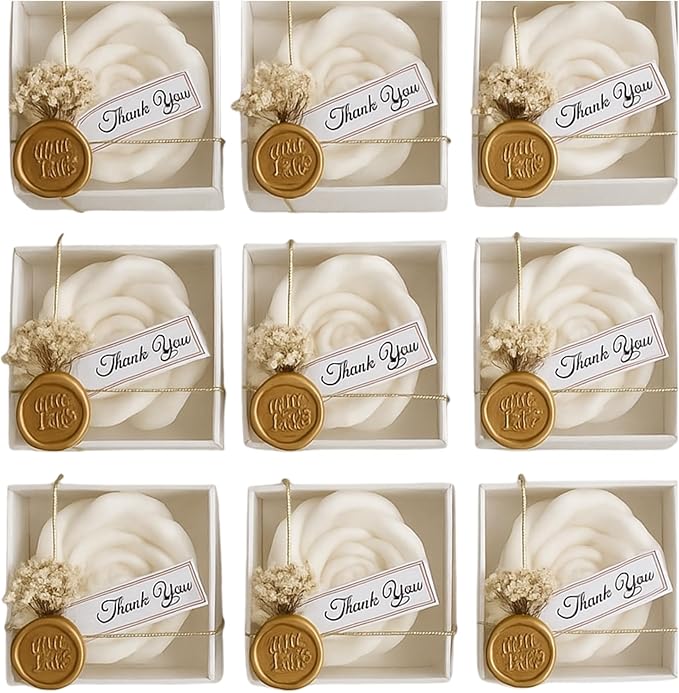 White Rose Petal Soy Wax Candles in Bulk – Rose Candle Wedding Favors for Guests, Personalized Candle Favors for Bridal Shower & Baby Shower Gifts – Dried Flower & Wax Seal Design (150 Pieces)